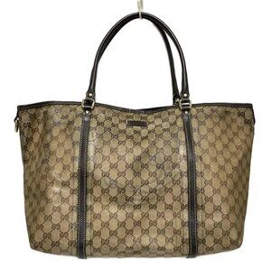 GUCCI Crystal GG 265696 Beige Dark Brown Coated Canvas Leather Tote Bag